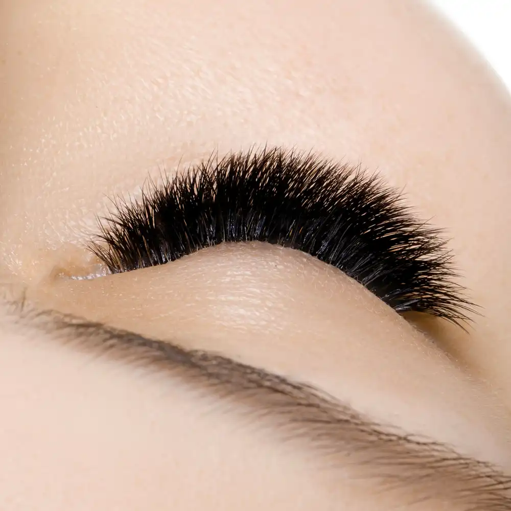 Close-up of a closed eye with bold mega volume eyelash extensions, creating an ultra-full and dramatic look.