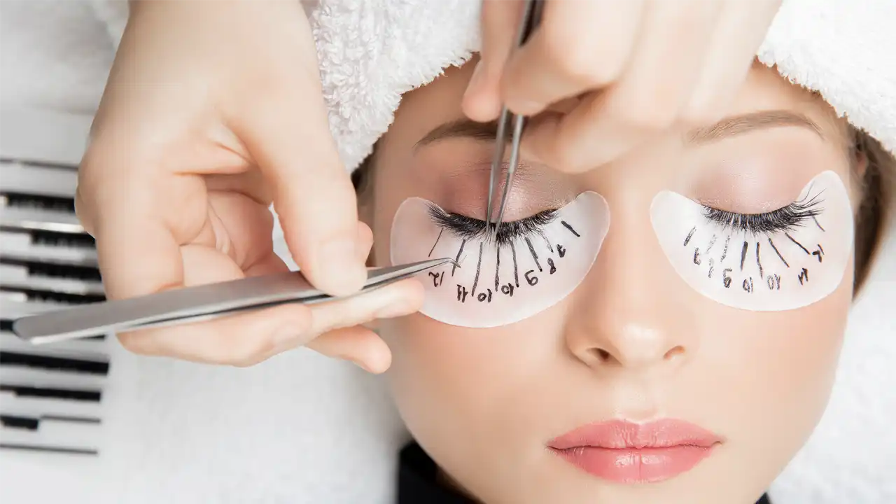 Eyelash technician applying extensions with tweezers to a client’s closed eyes, using a mapping guide for precision.